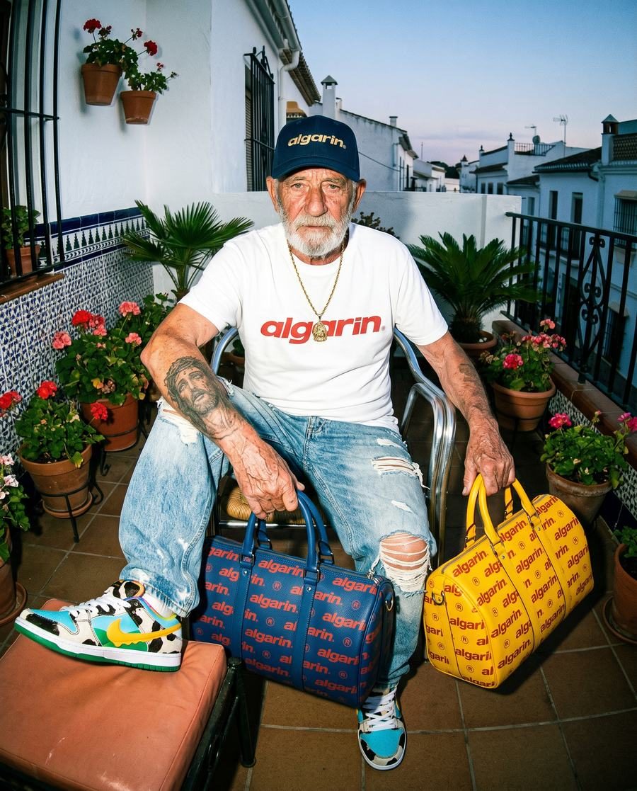 Hombre mayor con gorra y camiseta de marca sentado en un patio andaluz, imagen de lookbook