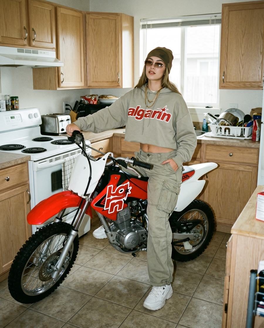 Chica con sudadera de marca sentada en una moto de cross dentro de una cocina, imagen de campaña