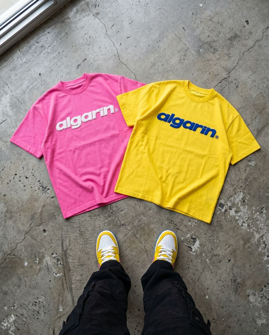 Dos camisetas de marca, rosa y amarilla, sobre el suelo, imagen de campaña