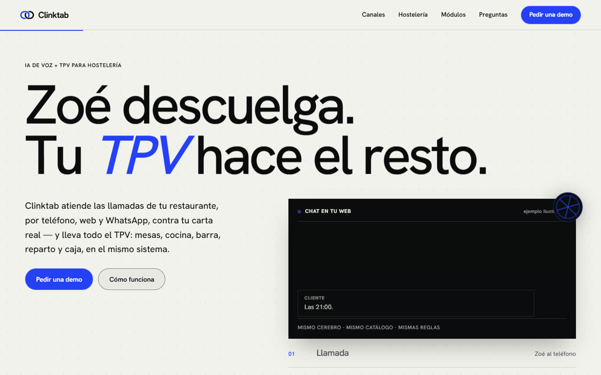 Web de Clinktab en ordenador y en móvil: portada «Zoé descuelga. Tu TPV hace el resto»