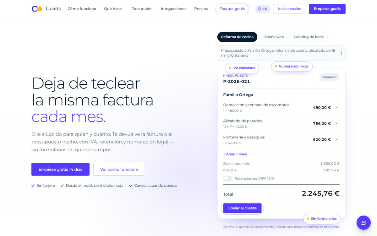 Web de Lúcido en ordenador y en móvil: portada «Deja de teclear la misma factura cada mes» con un presupuesto de ejemplo