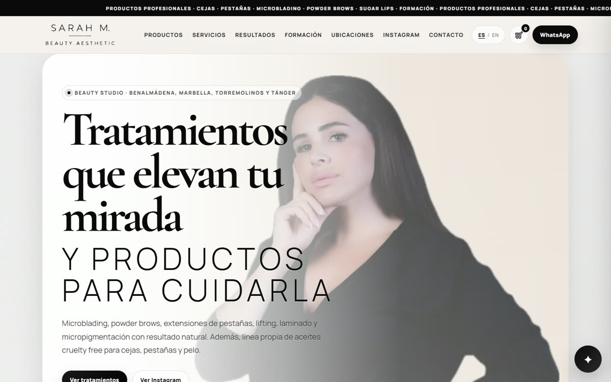Web de un salón de estética en ordenador y en móvil: portada «Tratamientos que elevan tu mirada y productos para cuidarla»